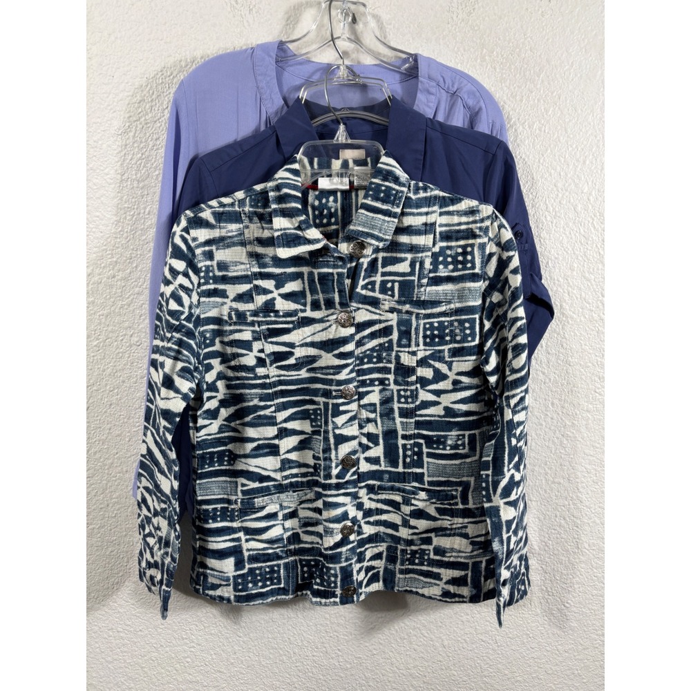 Chicos Lot of 3 Women Size 0 Blue Indigo Purple Cotton Ikat Print Jacket Tops